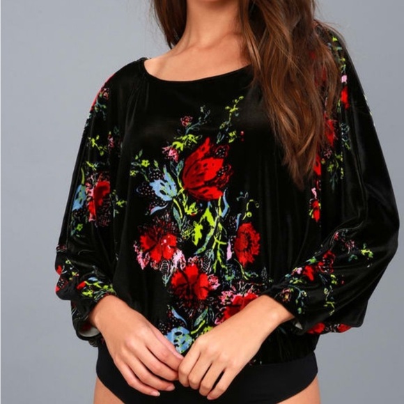 Free People Black Velvet Slouchy Floral Bodysuit Keyhole Amor Whimsigoth Large - Picture 2 of 11